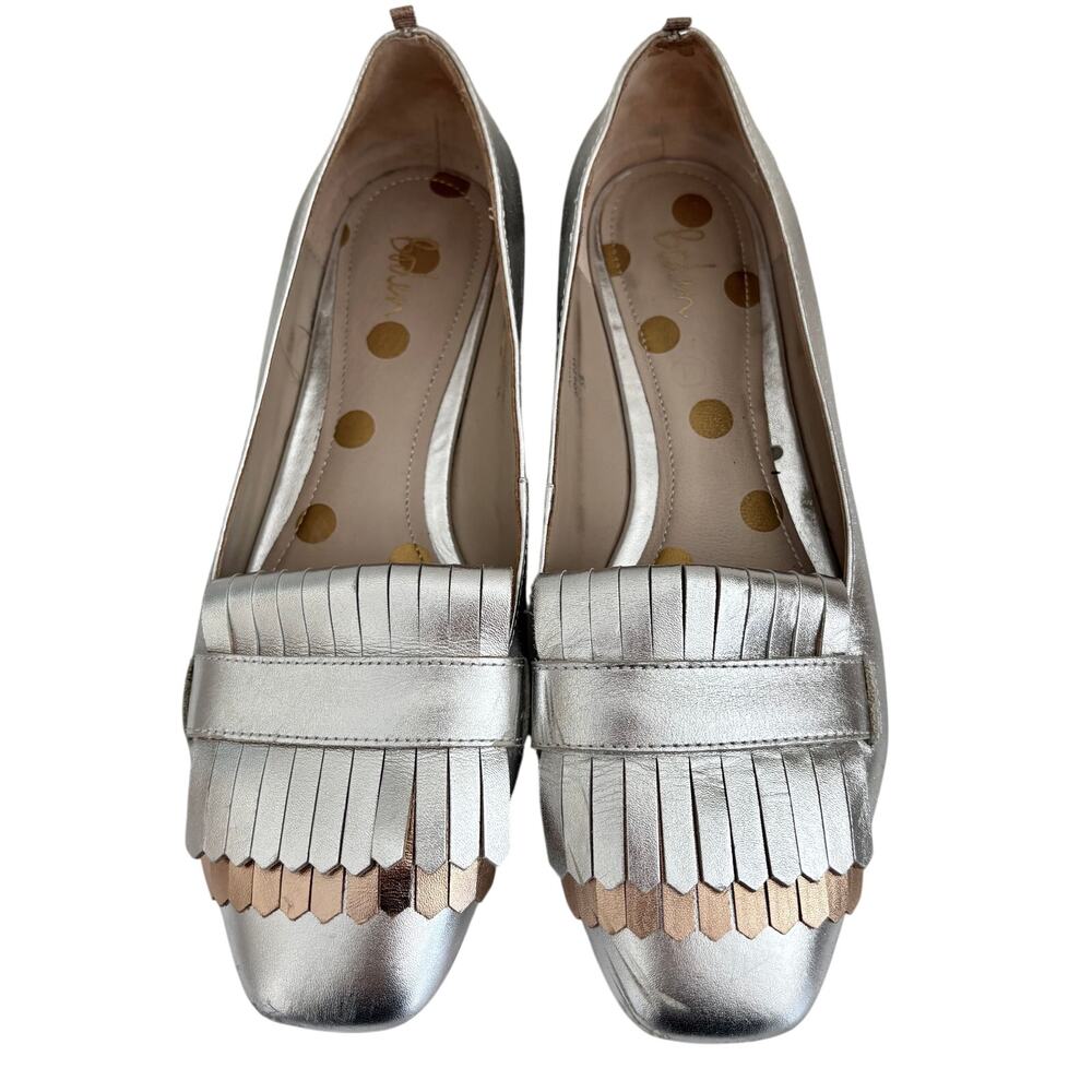 BODEN Silver & Gold Metallic Leather Fringe Loafers Slip Ons Flats Preppy Glam